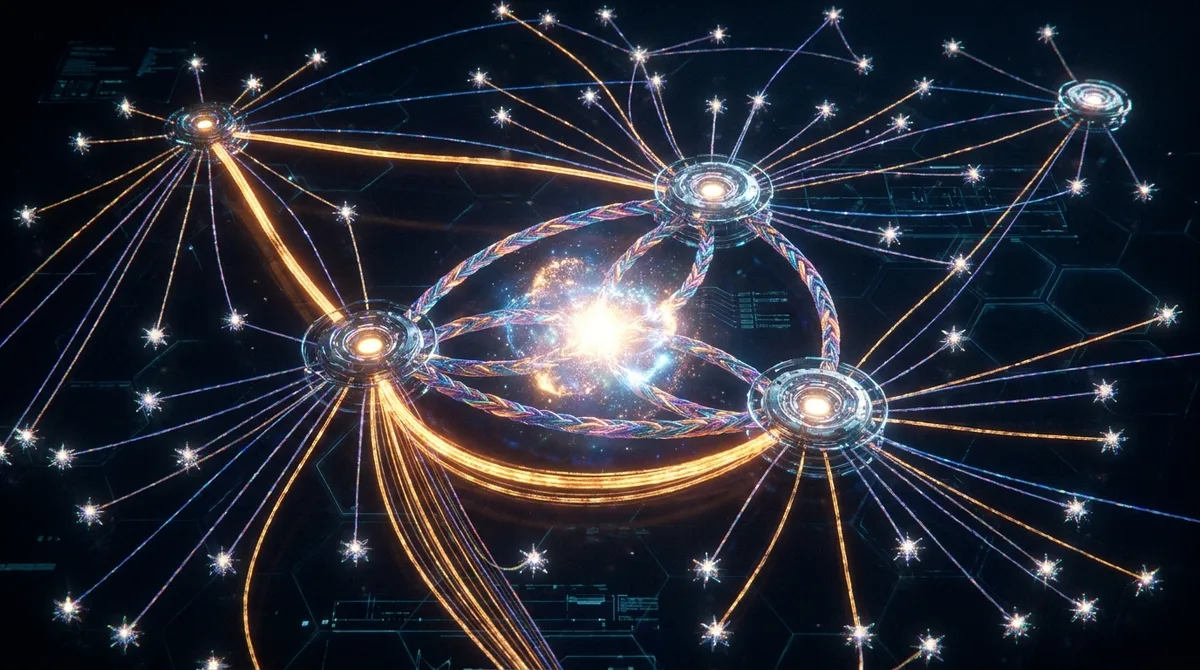 Agent attribution network of connected glowing nodes and pathways