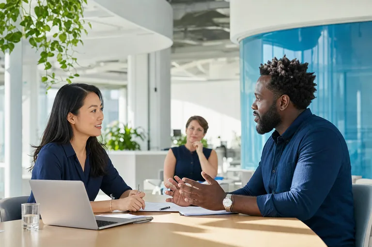 Two professionals discuss work and collaboration, showcasing how CAQA CRM helps teams connect.