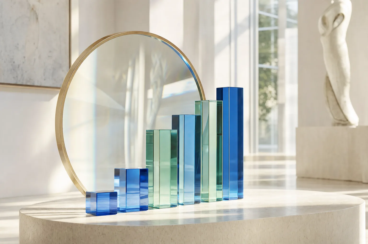 A series of colorful glass vases are displayed on a light platform, showcasing modern interior design.