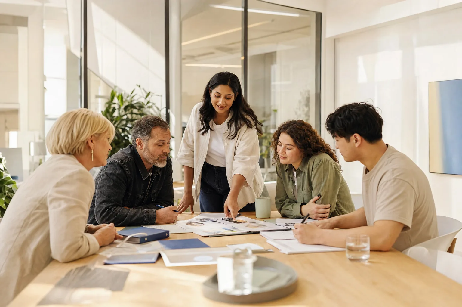 A diverse team collaborates around a table reviewing documents and designs, showcasing effective crm software in action.