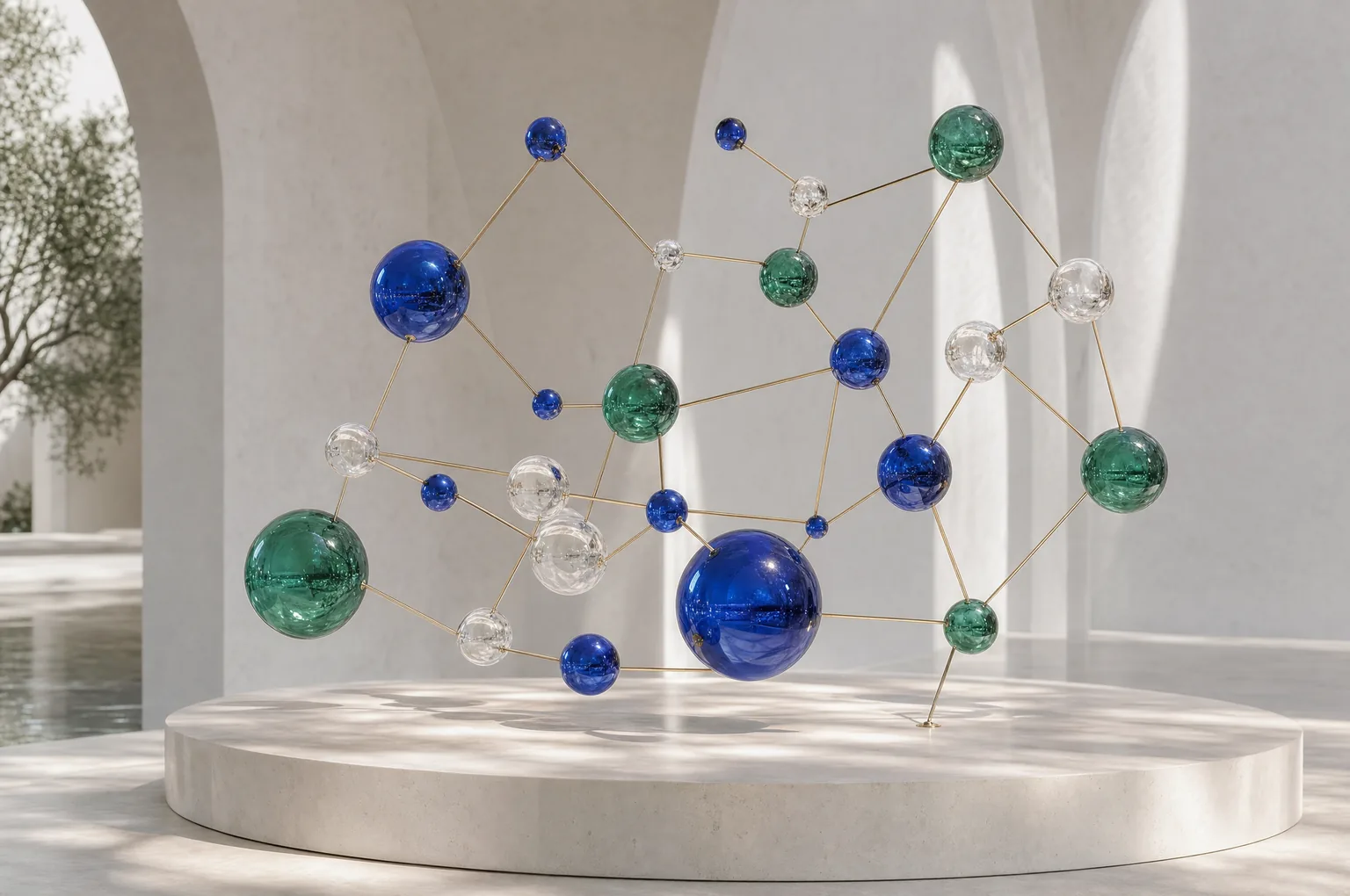 A modern sculpture of interconnected spheres rests on a circular pedestal, visualizing how CAQA CRM connects relationships.